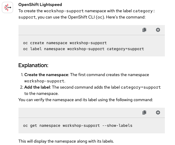Screenshot of OpenShift Lightspeed chat interface, providing a two-step solution for creating and labeling a namespace. A third, optional step for verification is also included.