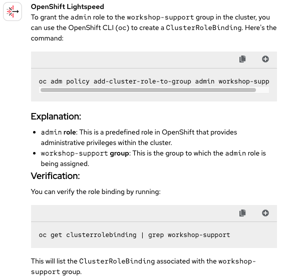 OpenShift Lightspeed's response providing a command to grant cluster-admin roles to user groups.