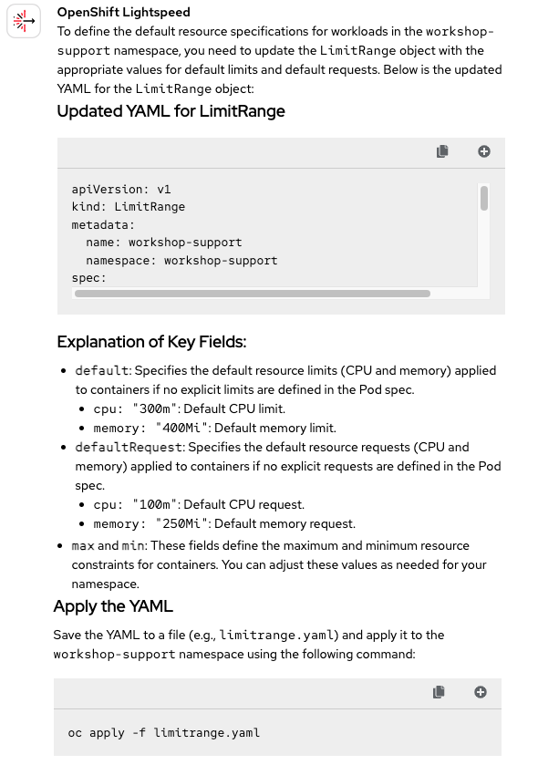 OpenShift Lightspeed provides a command to apply a `limitrange.yaml` file, confirming the new default limits.