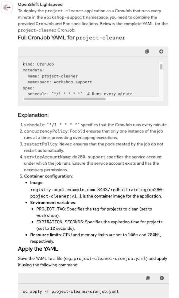 OpenShift Lightspeed's response provides the modified CronJob YAML file to deploy the application.
