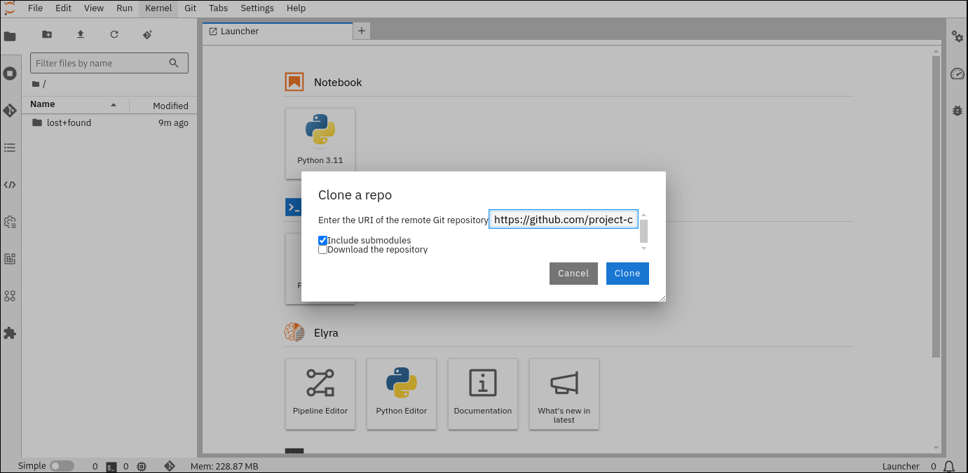 Shows cloning the example notebooks from the Jupyter Notebook server