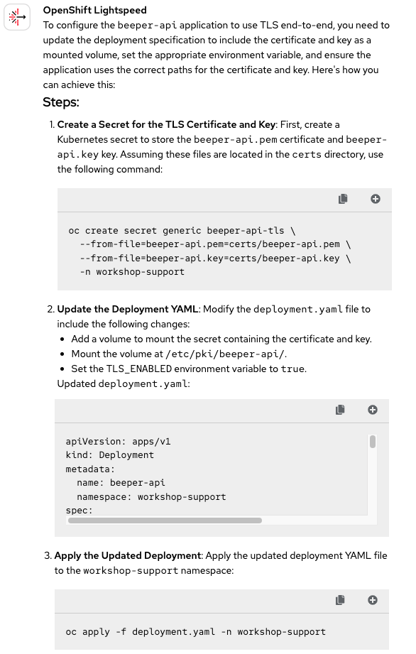 OpenShift Lightspeed provides a command to create a secret and shows modified YAML for deployment, including volume mounts and an environment variable for TLS.