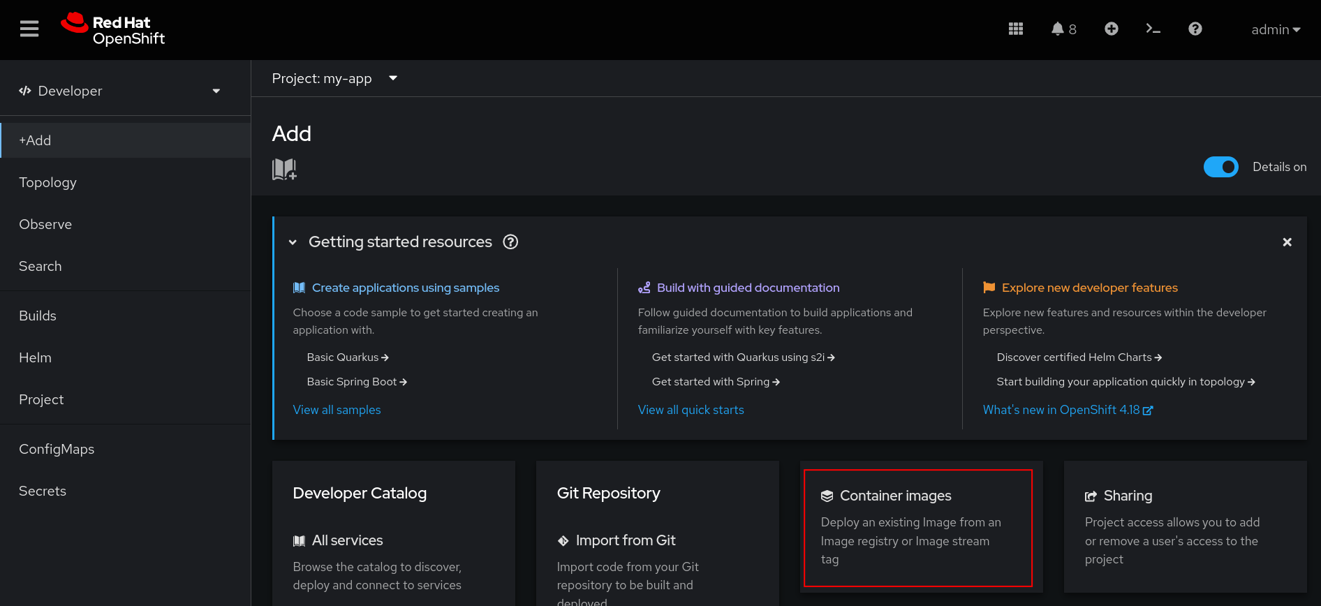 A view of the OpenShift Developer perspective. The left navigation panel shows the +Add menu with Container Images highlighted.