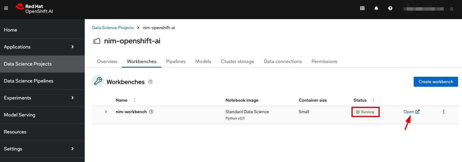 Opening a running workbench in Red Hat OpenShift AI.