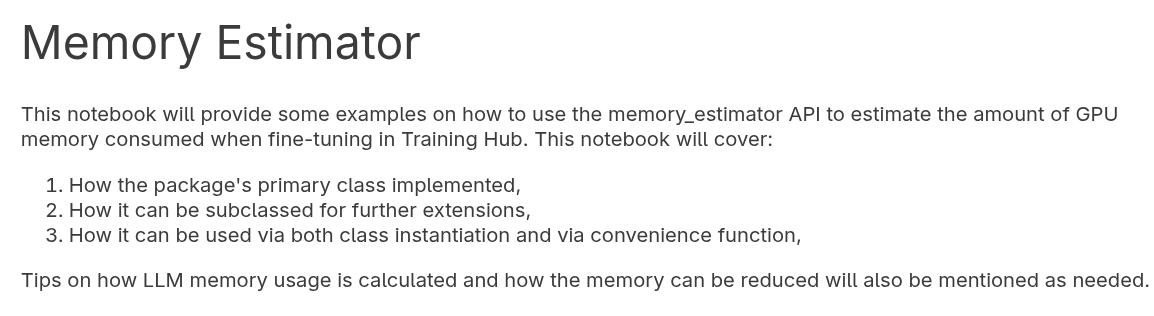A screenshot of the "Memory Estimator" notebook in Training Hub, showing an overview of how to use the memory_estimator API.