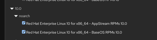 A view of the Red Hat Satellite UI showing checked boxes indicating that RHEL 10.0 repositories are enabled.