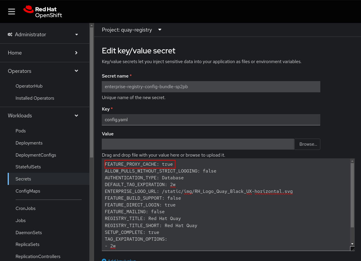 A configuration file for a Red Hat Quay deployment with the line FEATURE_PROXY_CACHE: true highlighted, indicating that the proxy cache is enabled.