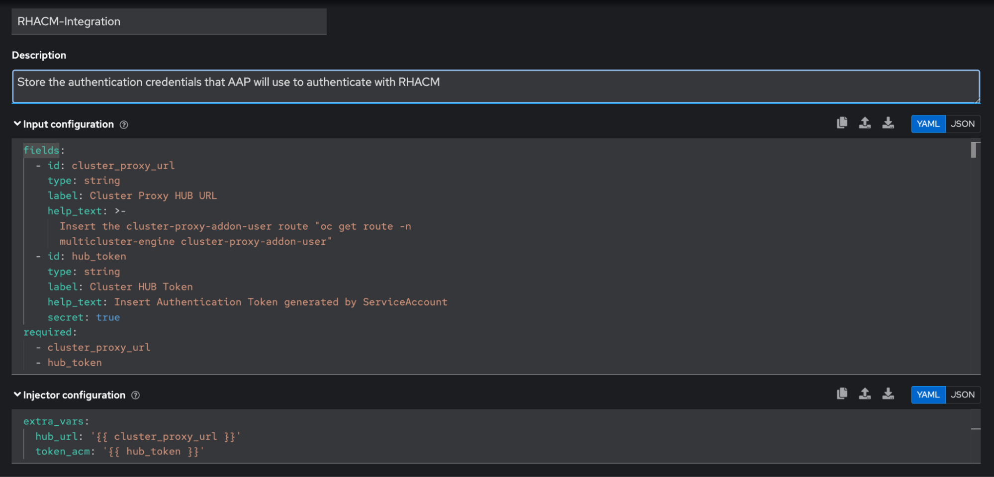 Custom credential type configuration in Ansible Automation Platform for Red Hat Advanced Cluster Management authentication