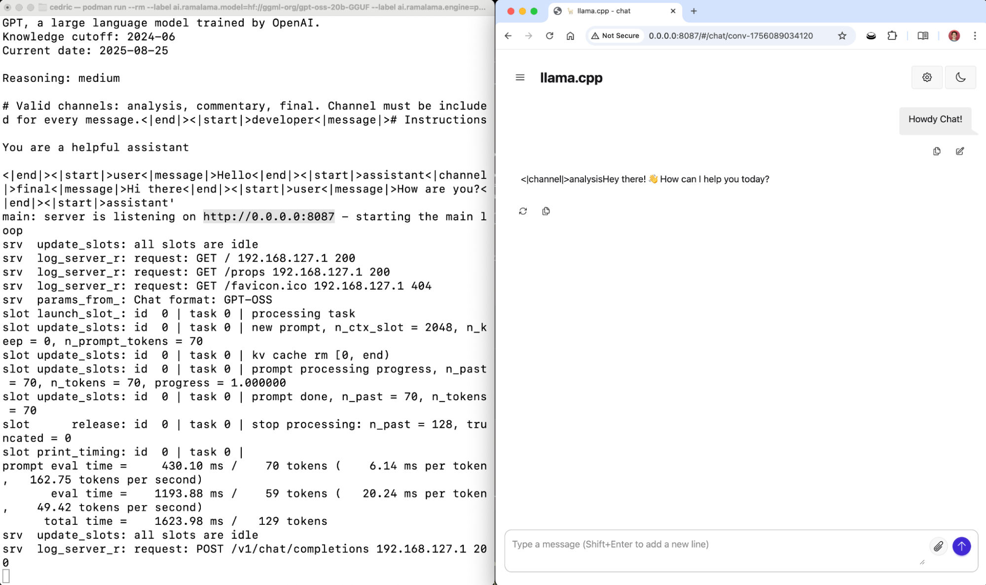 A split-screen view. On the left, a command-line interface shows RamaLama serving the gpt-oss model with full GPU acceleration. On the right, a web browser shows the local chat interface for interacting with the served model.