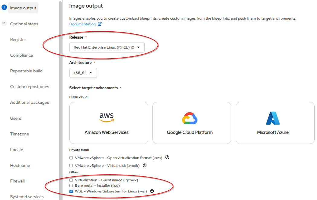 Screenshot of an image builder interface, showing options for Red Hat Enterprise Linux releases and output formats like WSL.