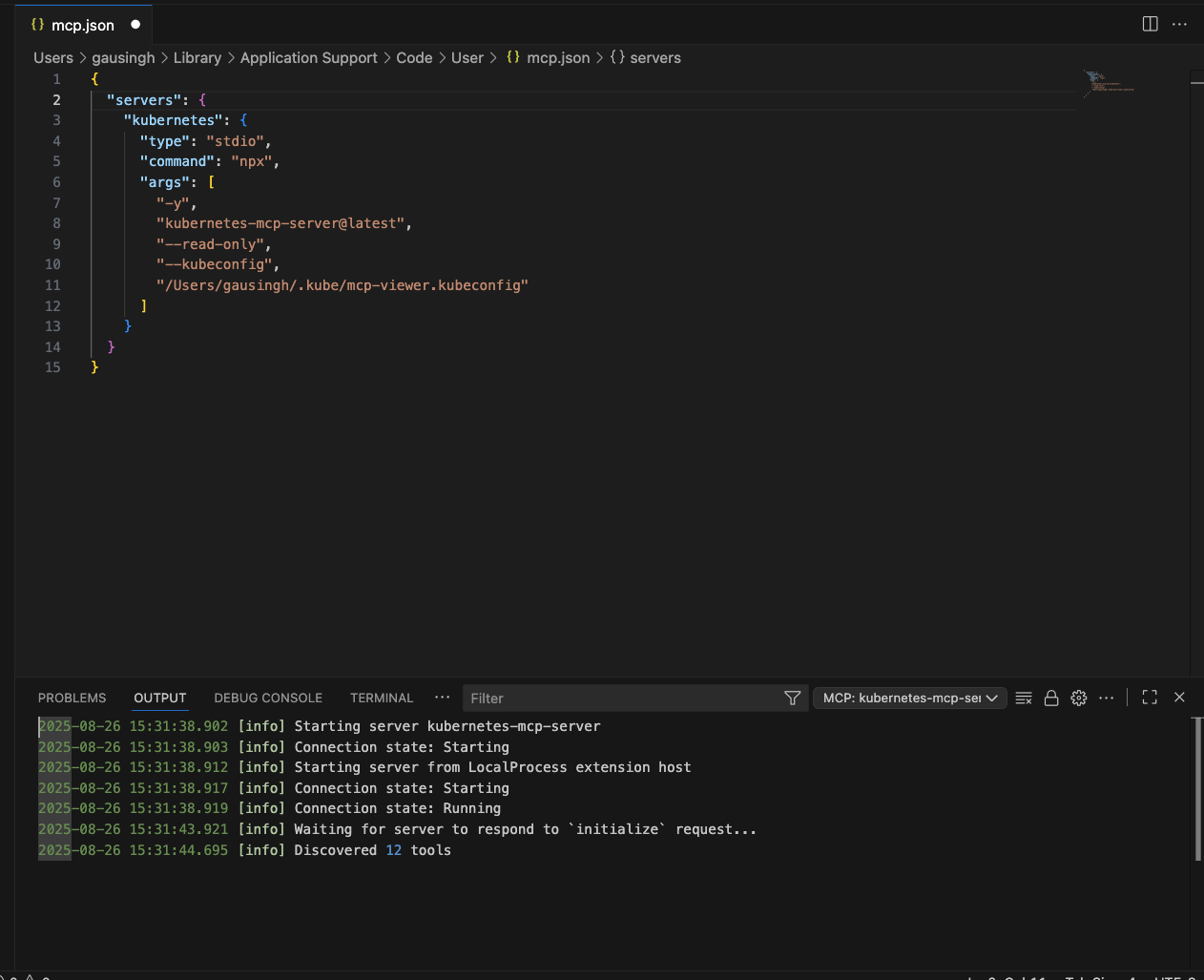 Configuration settings for the Kubernetes MCP server within VS Code.