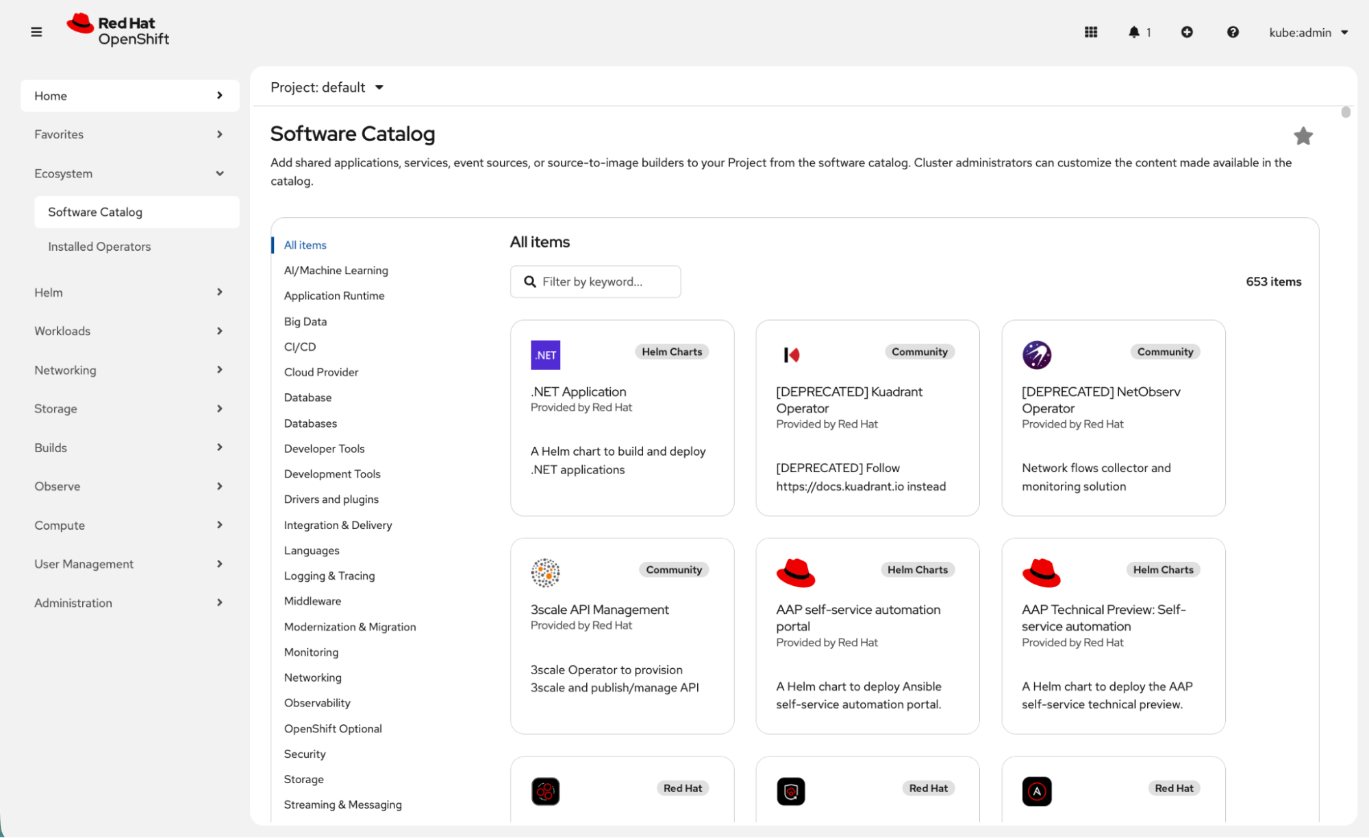 Image of OpenShift software catalog screen.