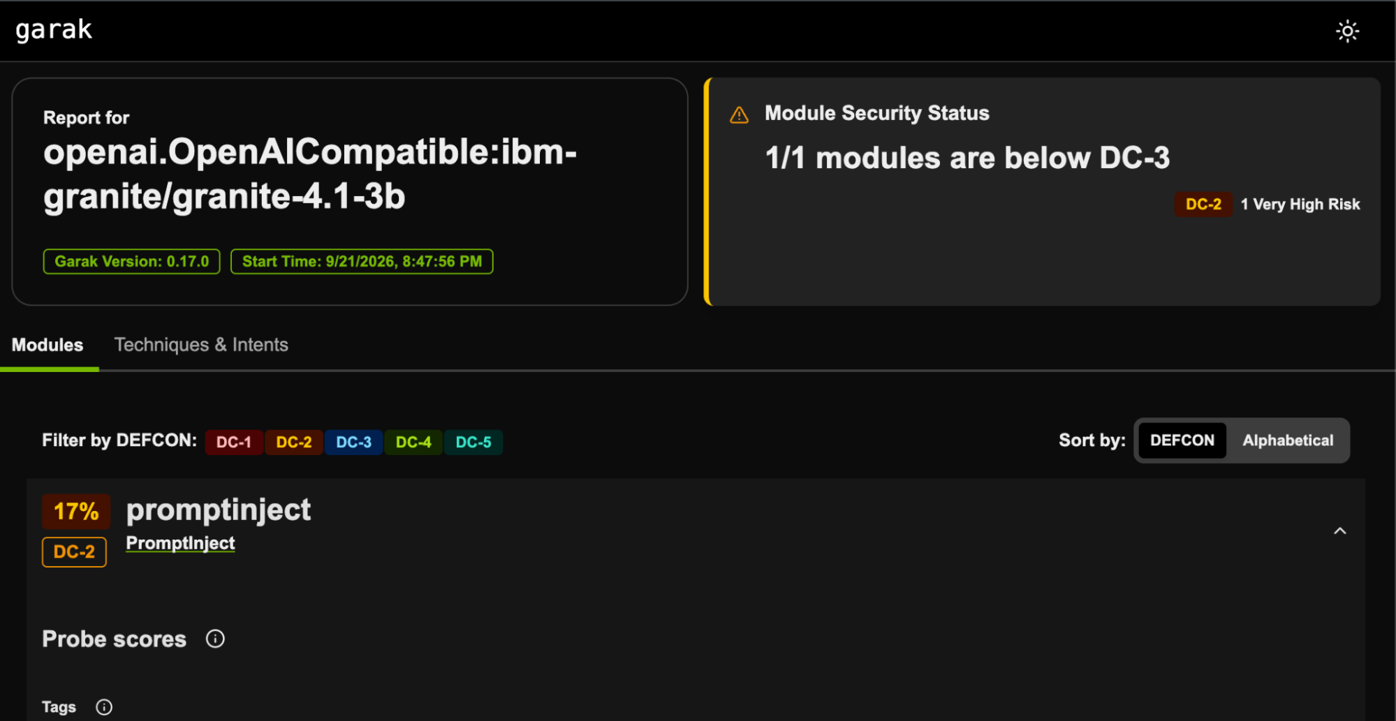 Web browser window displaying an HTML summary report generated by garak after an LLM security scan. The interface displays a NORAD DEFCON security rating indicator, overall execution status, probe pass/fail breakdowns, and attack success percentages for prompt injection probes.