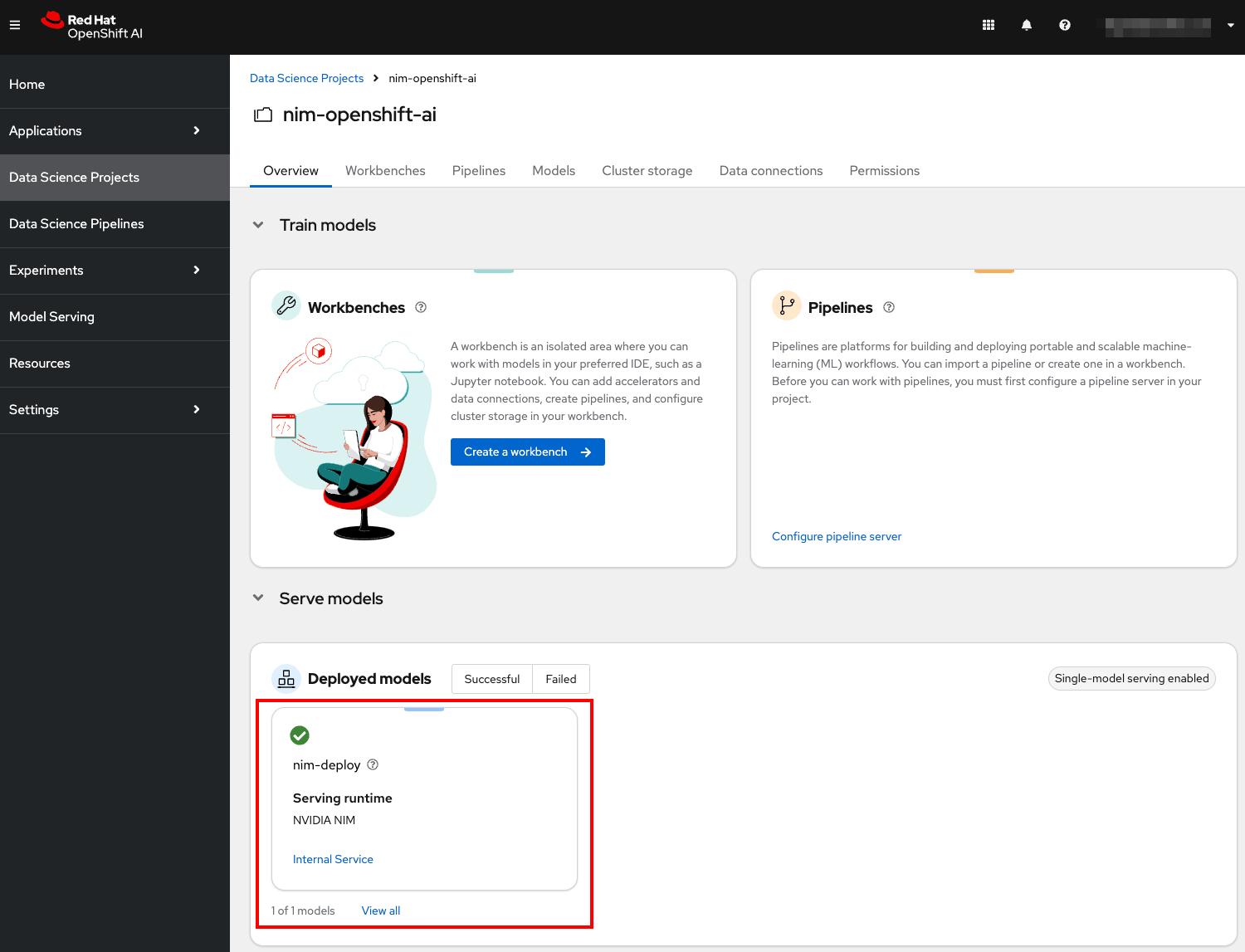 In the Data Science Projects screen, the deployment appears in the Serve models section under the Deployed models.