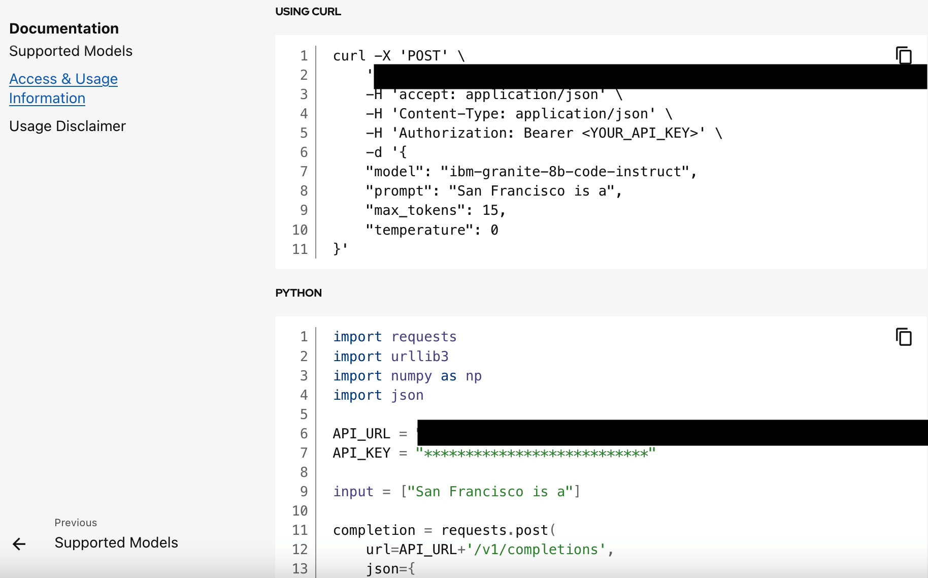 A screenshot of the usage examples page in the model catalog. It includes two code snippets, one with curl, and the other with Python.