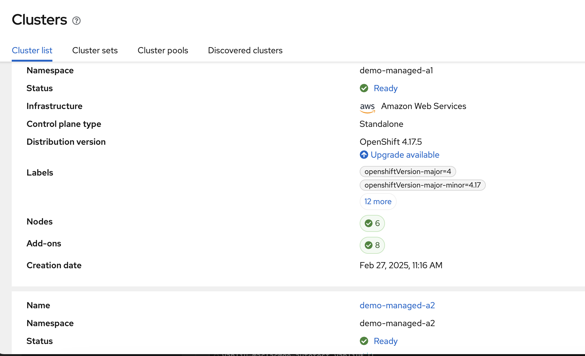 The managed clusters imported and ready in your new Advanced Cluster Management hub cluster.