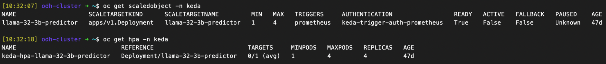 Terminal output showing the applied ScaledObject and horizontal pod autoscaler associated with it.