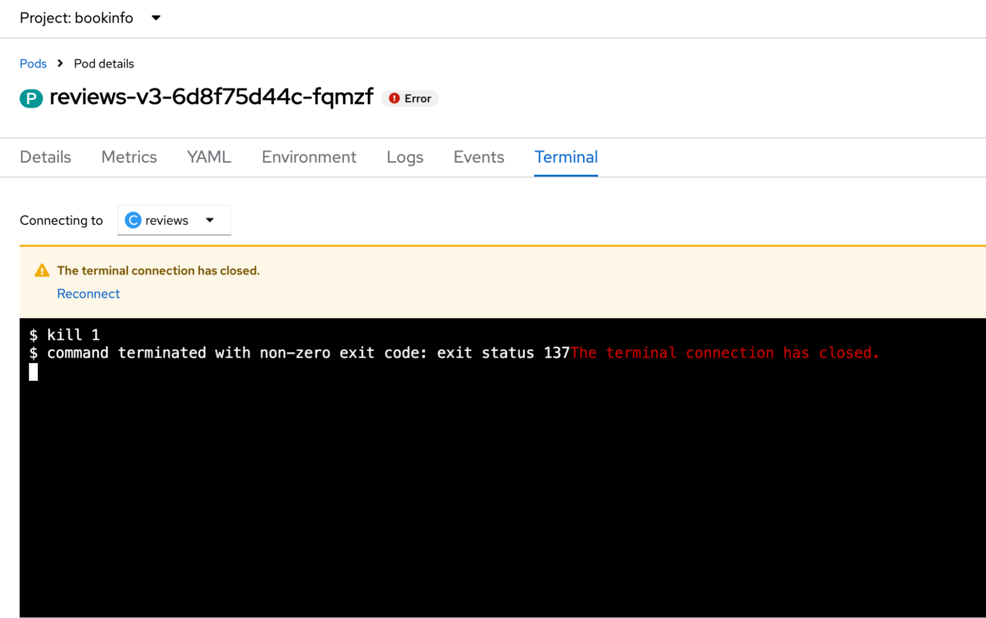 OCP Pod terminal to execute kill command.