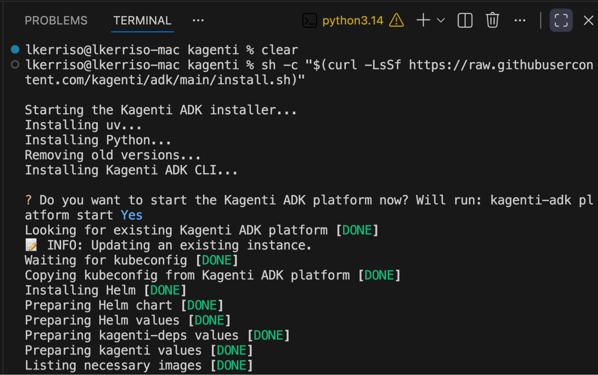 Installation output showing the setup of Python, uv, and CLI tools, followed by green status markers confirming Helm and Kubernetes configuration.