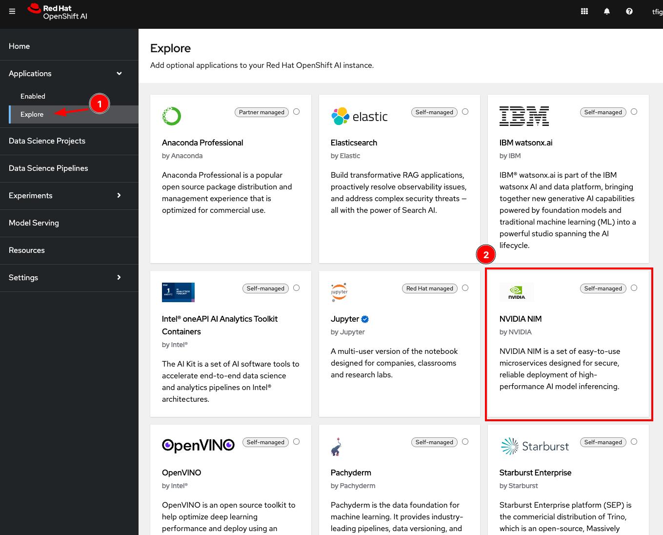 Annotated screenshot showing how to locate NVIDIA NIM app in Red Hat OpenShift AI: under Applications in the left menu, click Explore, then select the NVIDIA NIM tile.