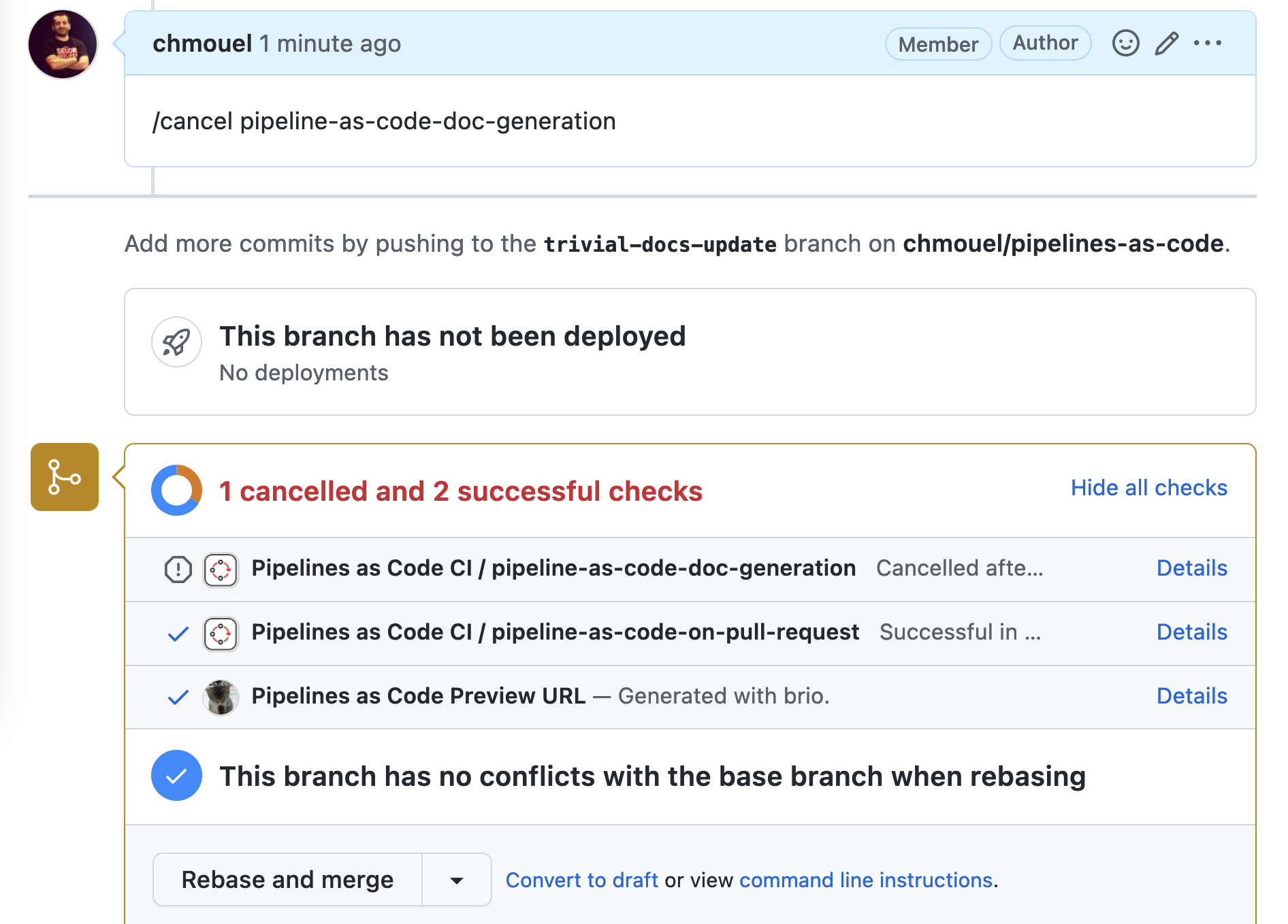 Viewing an example pipeline's execution results in Git.