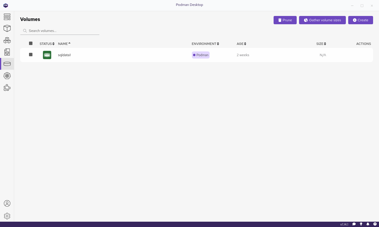 The Volumes page in Podman Desktop, with the new sqldata1 volume listed.