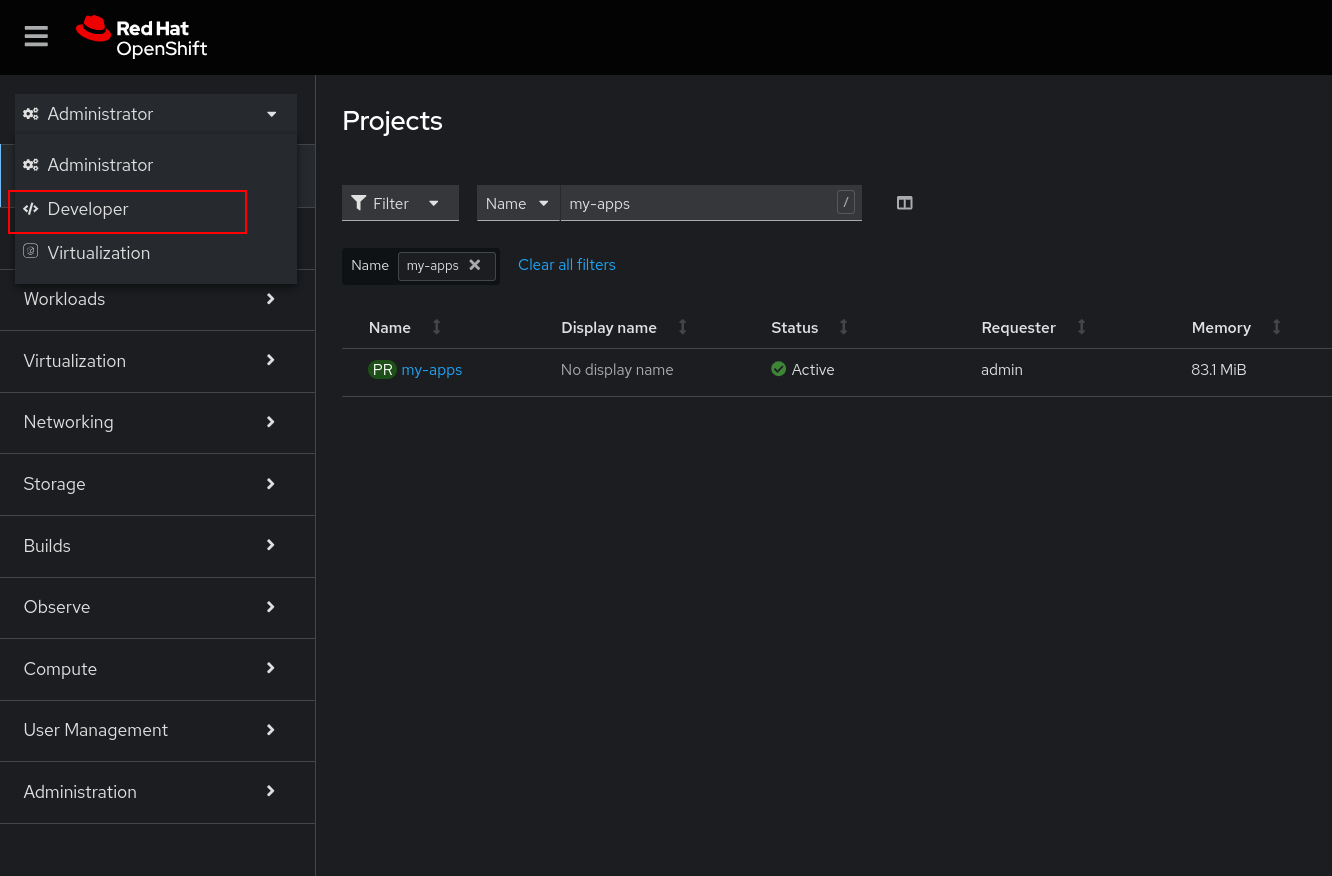 The OpenShift console with the Developer perspective highlighted in the left navigation panel.