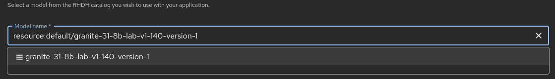 Selecting an AI model from the Developer Hub catalog.
