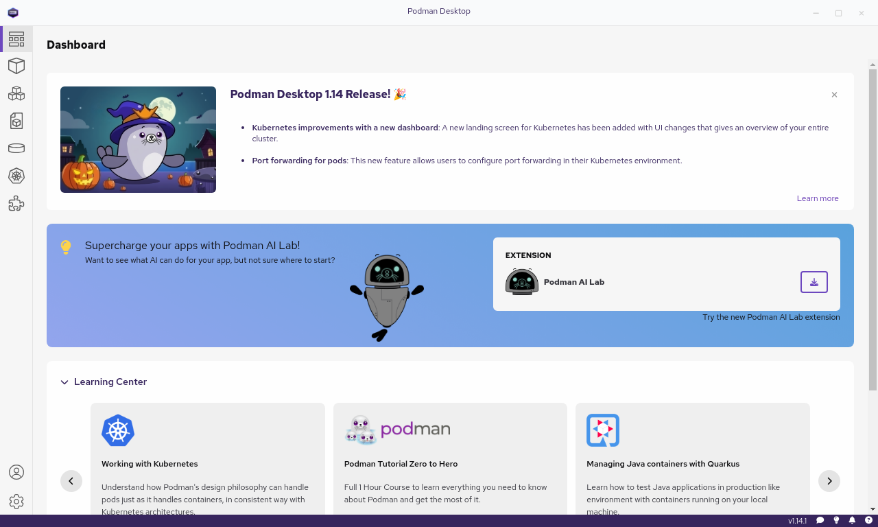 The Podman Desktop application upon launch.