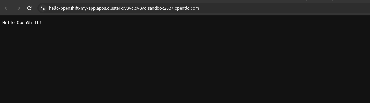 A web browser displaying the "Hello OpenShift!" page. The text confirms the application is running successfully.
