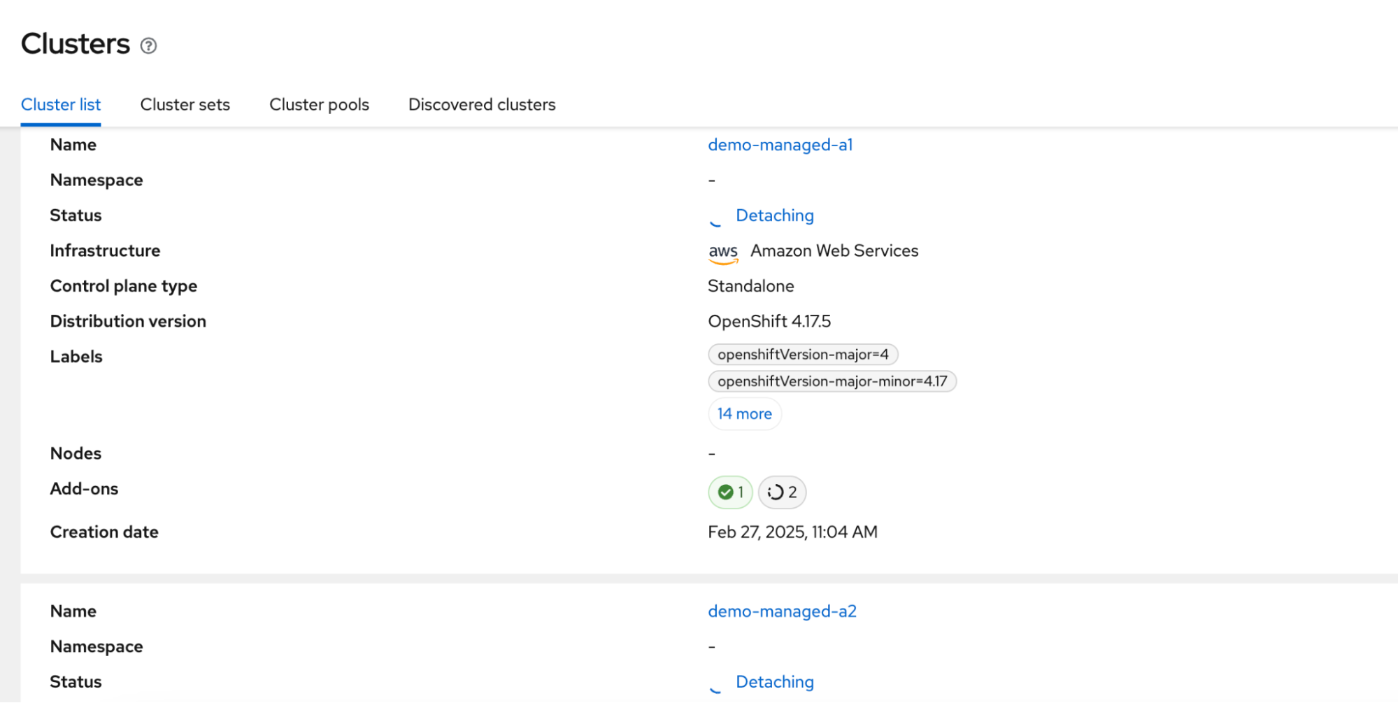 The managed clusters detached from your old Advanced Cluster Management hub cluster.