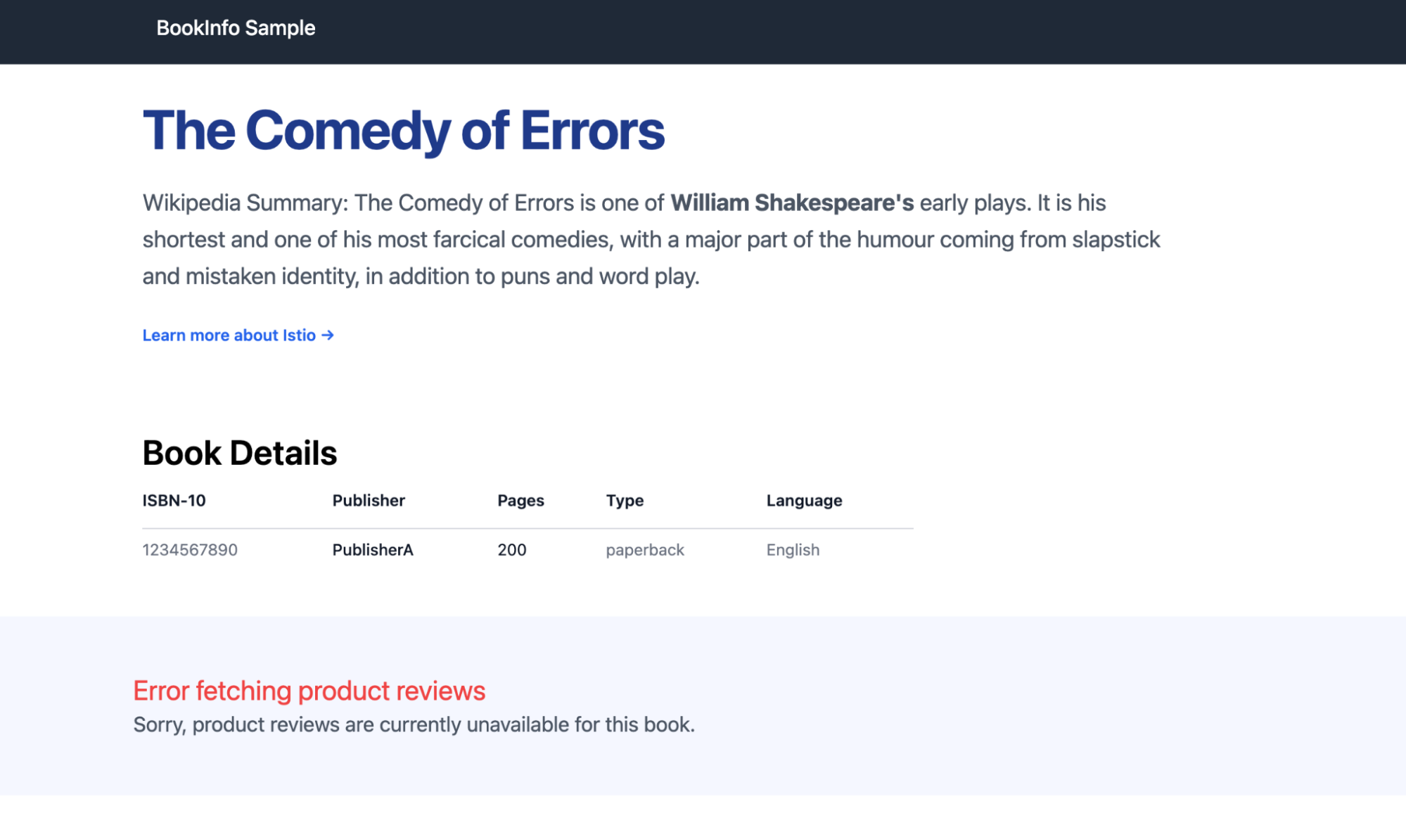 Bookinfo page showing error for v3 review service.