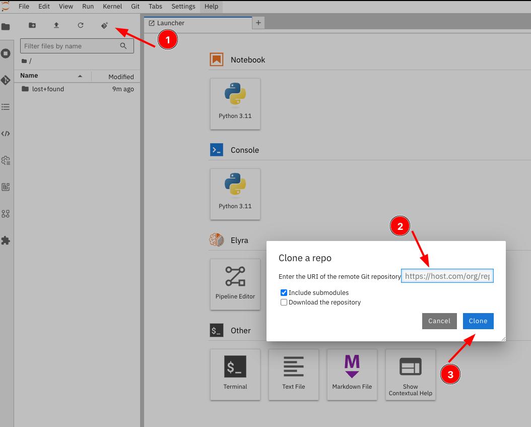 Cloning a repo into a workbench in Red Hat OpenShift AI.