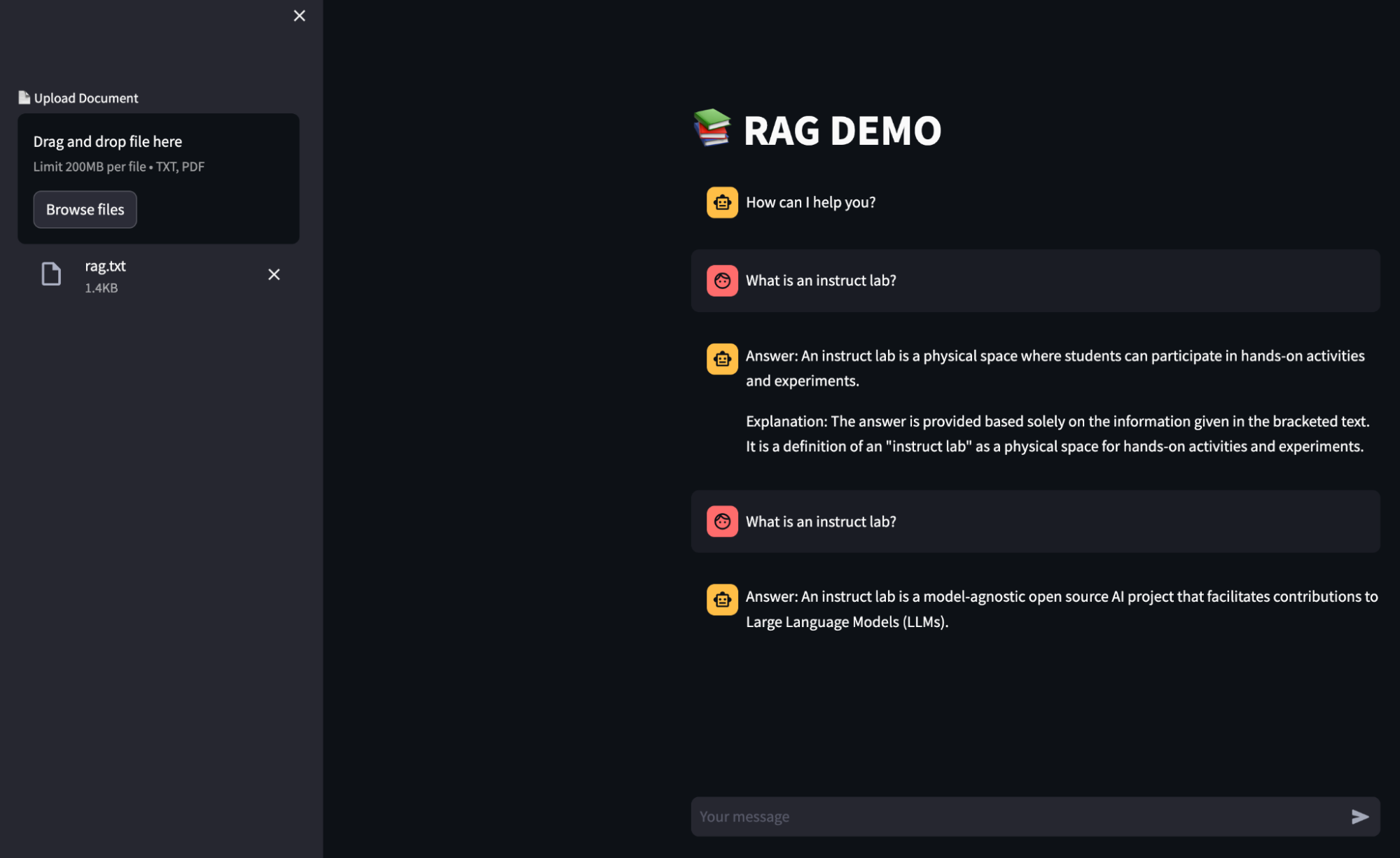 A screenshot of the RAG chatbot application.