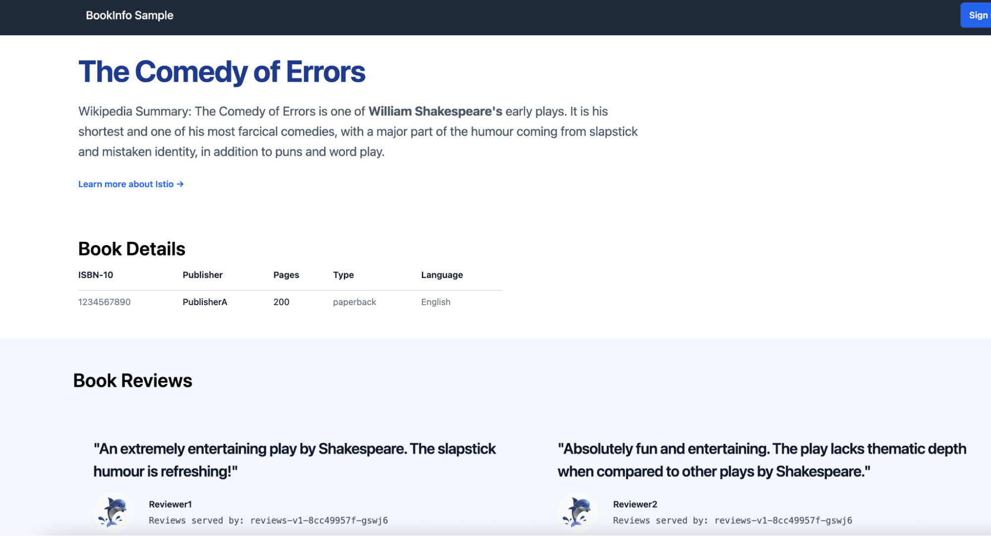 Bookinfo page showing success for v1 review service.