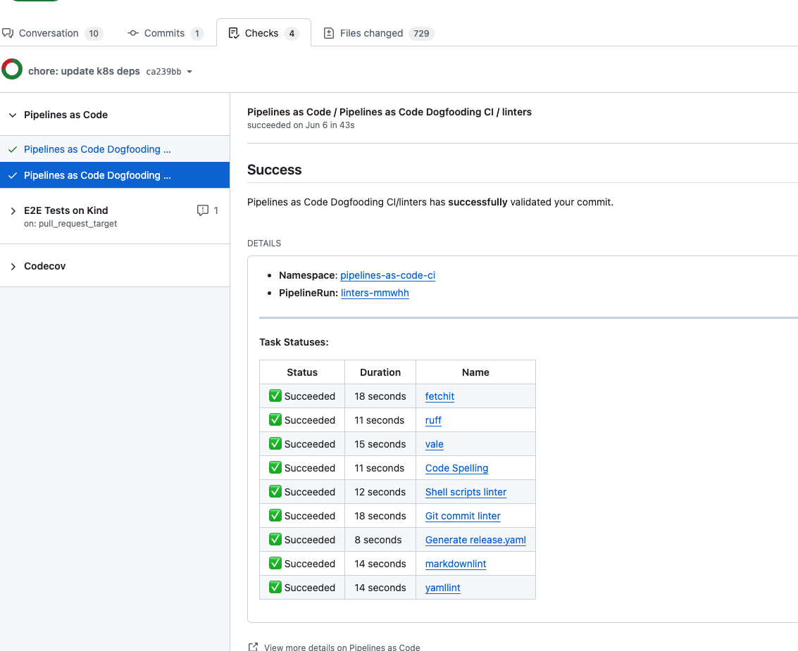 Task logs for a validated Git commit.