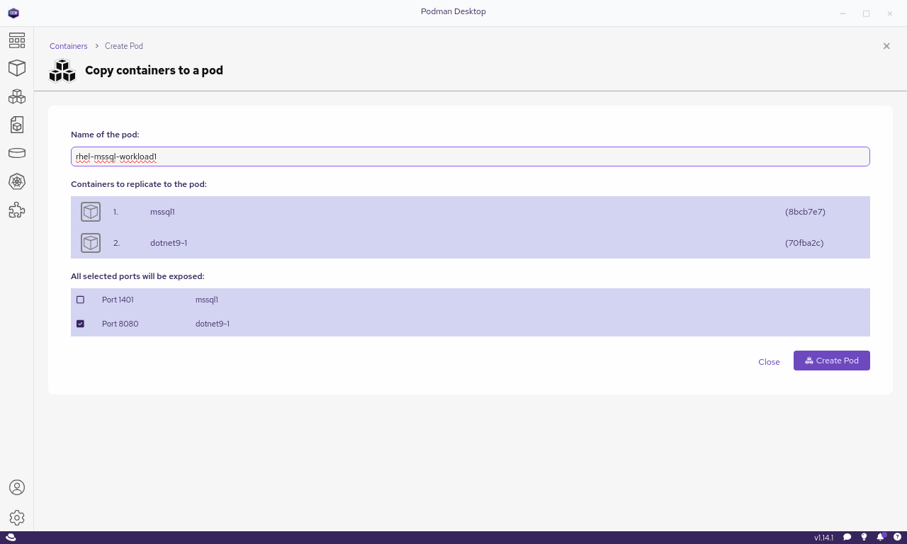 The page for creating a pod in Podman Desktop, with the .NET and SQL Server containers listed.