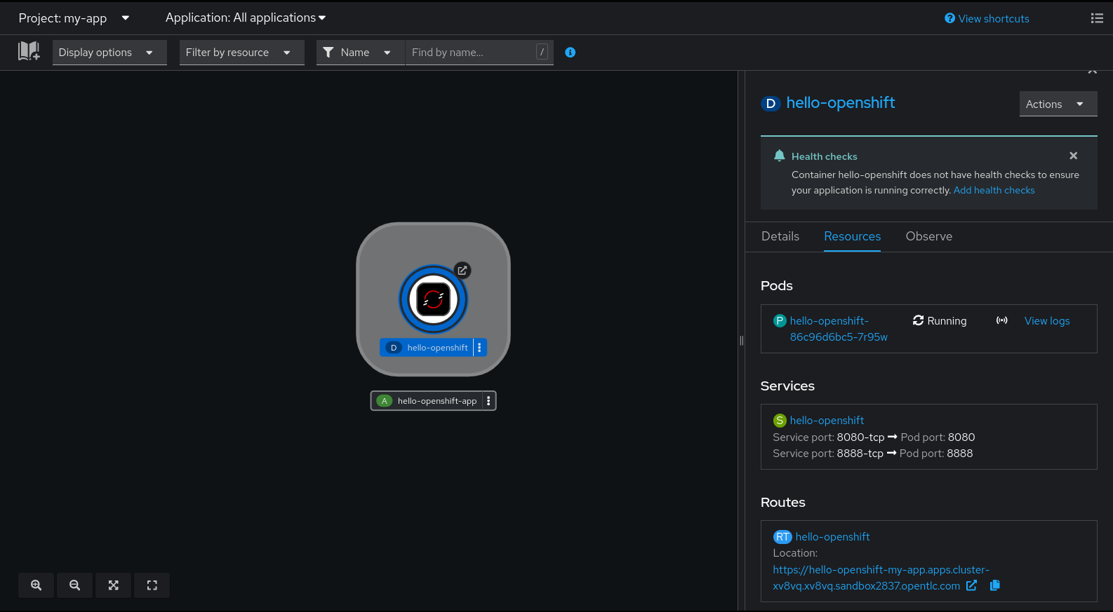 A view of the OpenShift Developer perspective. The hello-openshift application is displayed with a pod, service, and route, indicating it is successfully deployed and running.