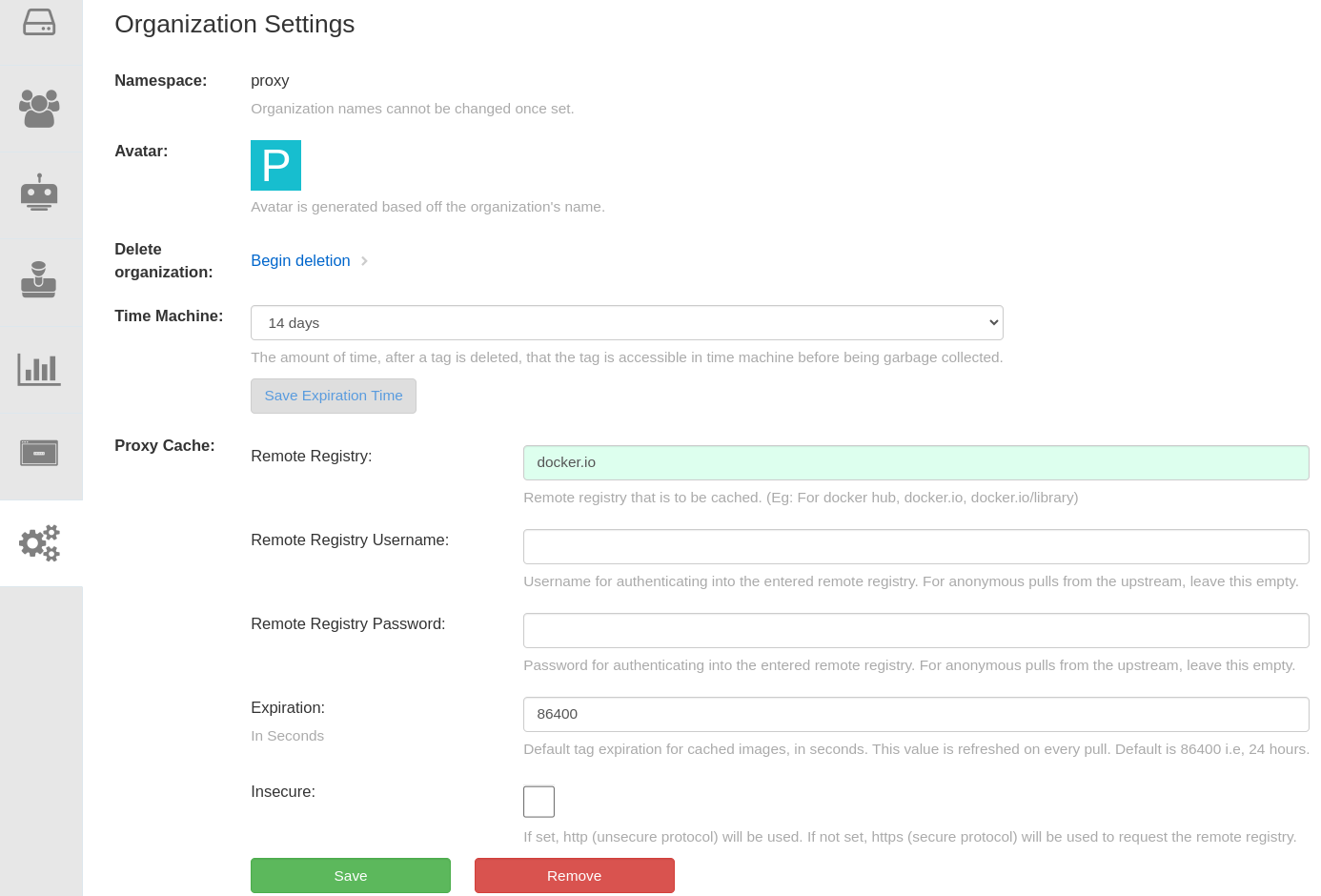 The settings page for the proxy organization in Red Hat Quay. In the Proxy cache section, a remote registry URL docker.io has been entered and is shown in the text field.