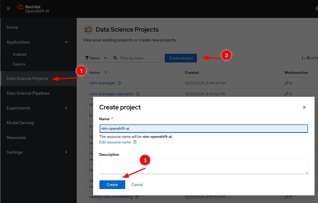 Select Data Science Projects and click to create a project. Enter a project and description name, then click Create.