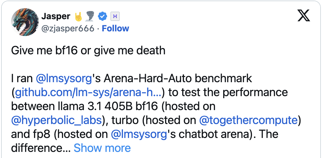 A tweet from the community: "Give me bf16 or give me death"