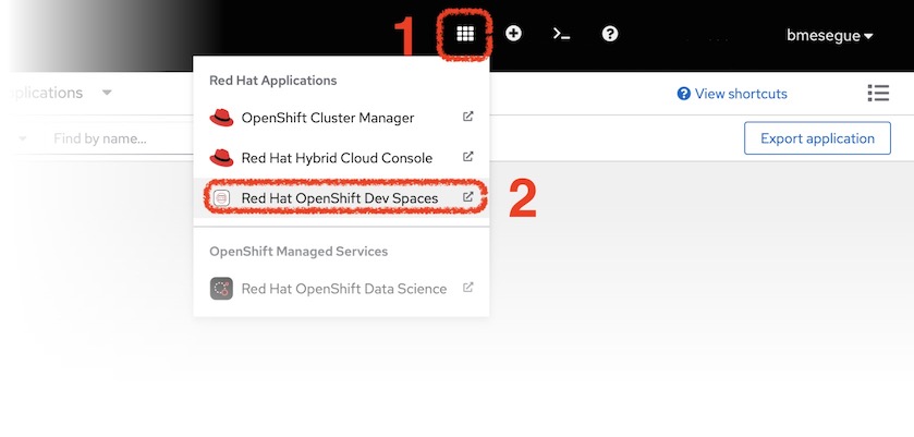 Top bar icon to select Red Hat OpenShift Dev Spaces