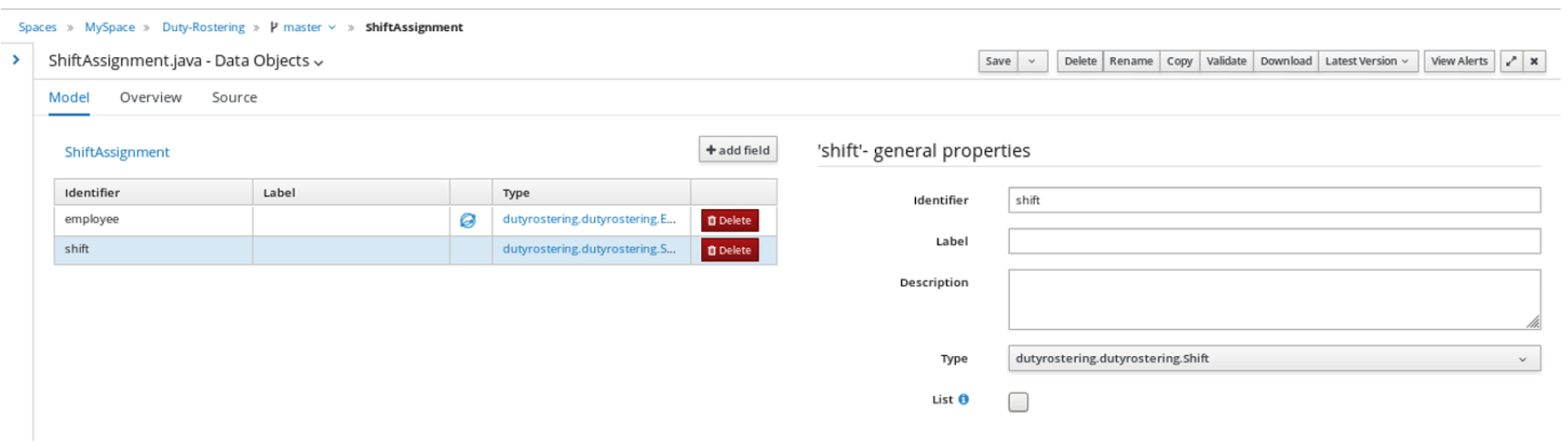 Creating the data object for ShiftAssignment in Decision Central
