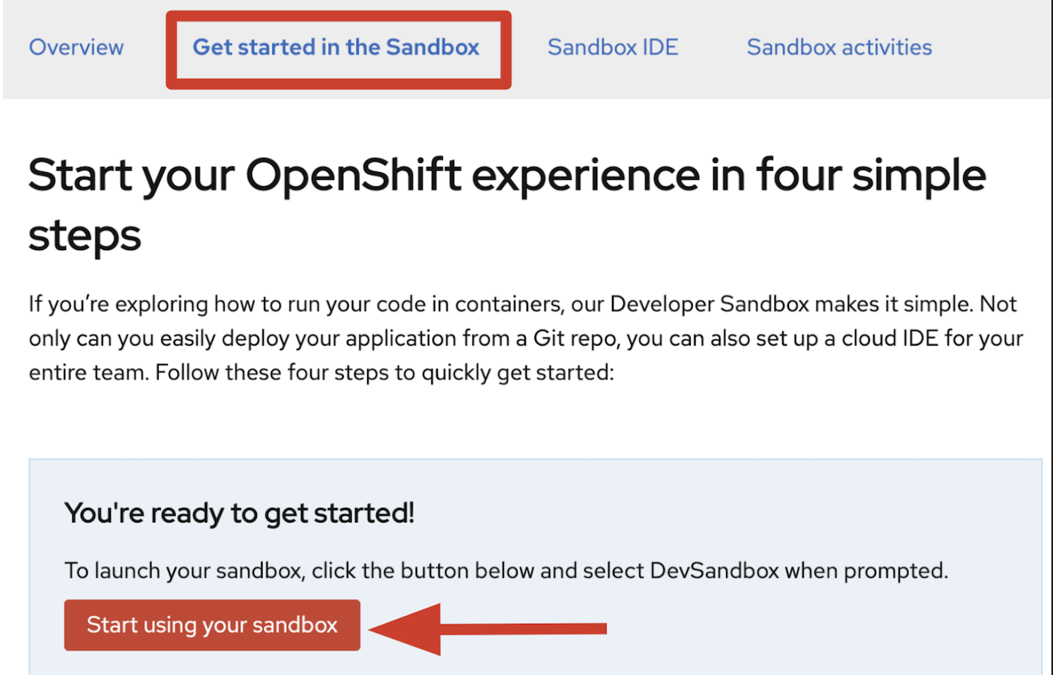 The 'Get started in the Sandbox' option is selected.