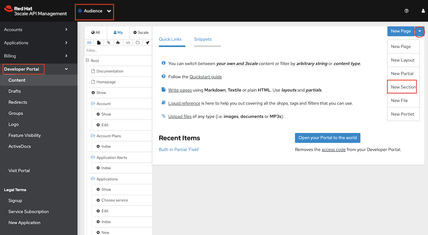 Creating a new section in the 3scale API Management admin portal