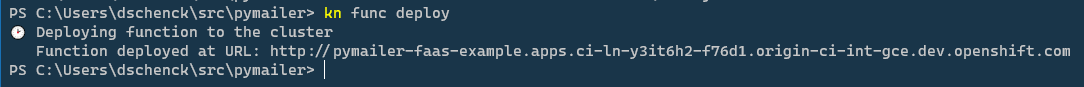 The URL of new function after being deployed from command line.