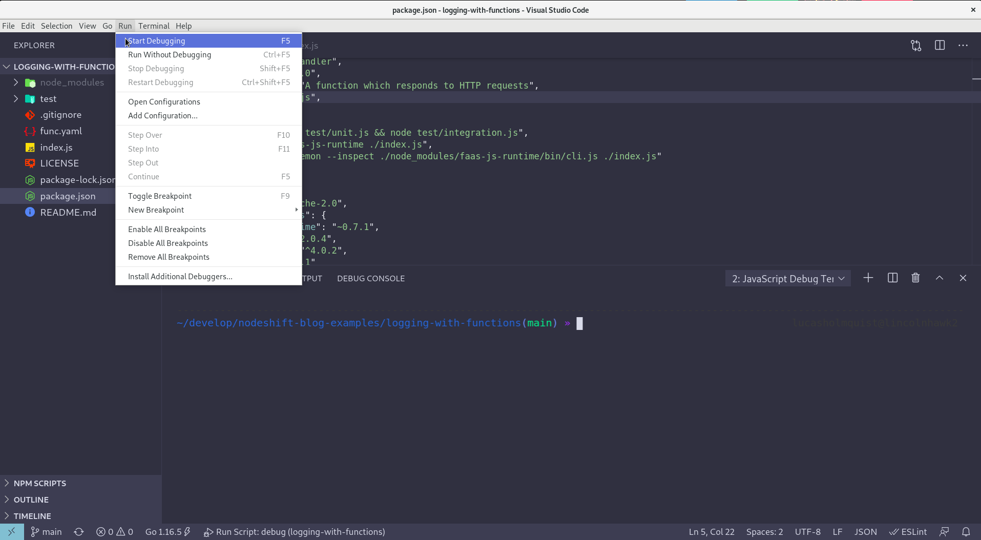 Screenshot showing the debug menu in VS Code.