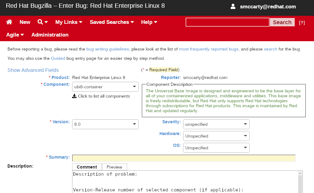 Reporting bugs via the Red Hat Bugzilla interface.