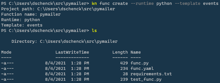 Results of the command kn func create --runtime python --template events.