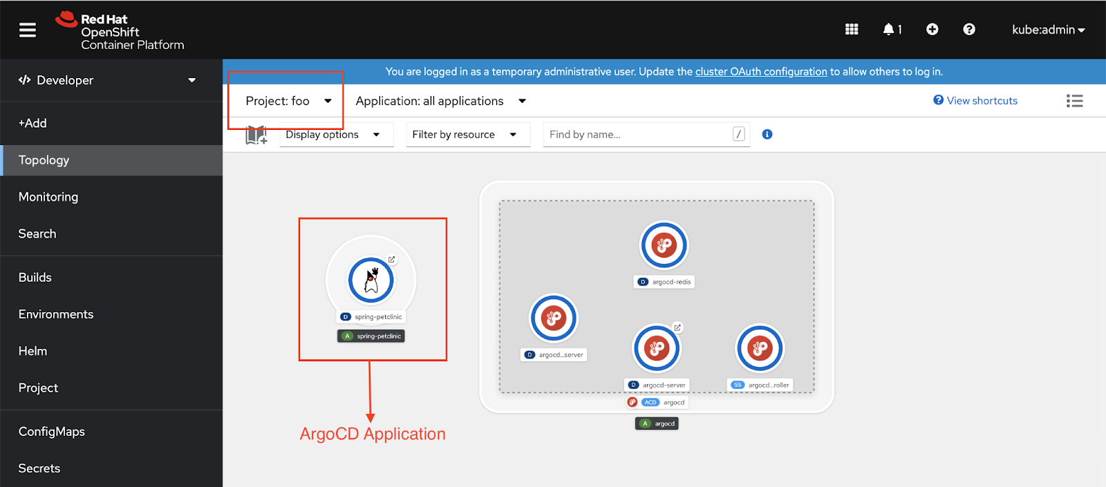 Screenshot of the application deployed in the namespace-scoped Argo CD control plane in the Red Hat OpenShift Container Platform web console.